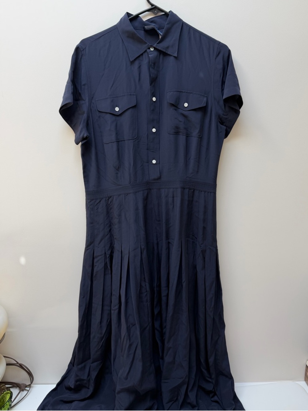 Polo Ralph Lauren Silk Crepe Pleated Shirt Dress Navy Sz 8 NWT